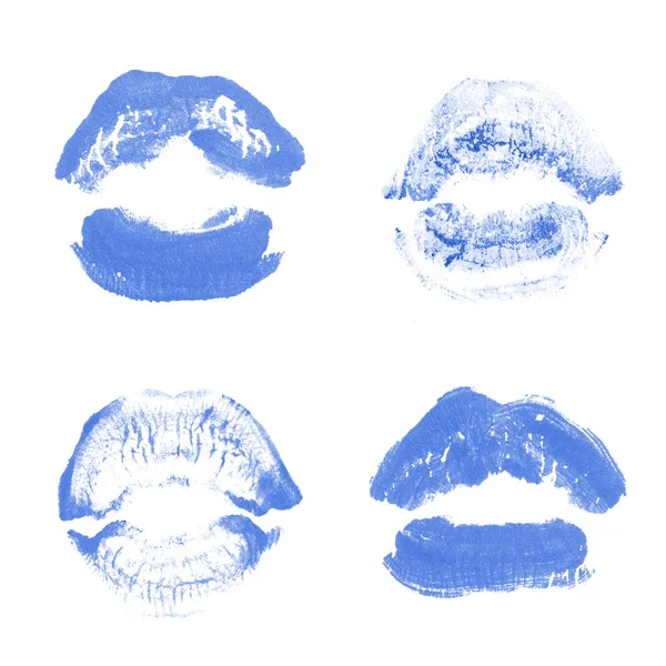 女性の唇の口紅のキスプリントは、白で隔離されたバレンタインデーのために設定されています。青色 — ストック写真