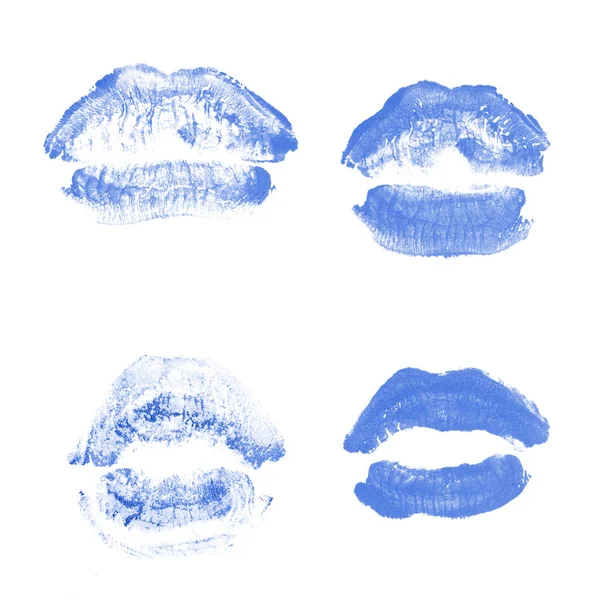 Kadın dudakları ruj öpücük baskı sevgililer günü için beyaz izole ayarlayın. Mavi renk — Stok fotoğraf