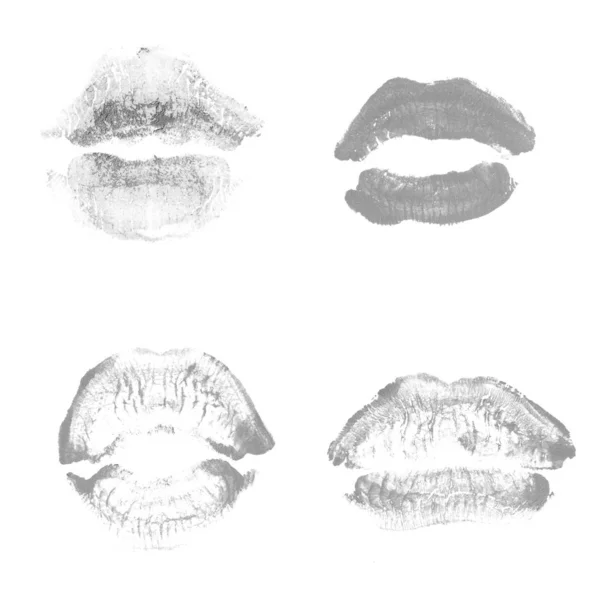 Labios femeninos beso lápiz labial conjunto de impresión para el día de San Valentín aislado en blanco. Color gris —  Fotos de Stock