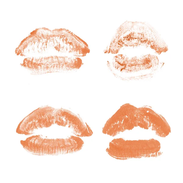 Labios femeninos beso lápiz labial conjunto de impresión para el día de San Valentín aislado en blanco. Color naranja — Foto de Stock