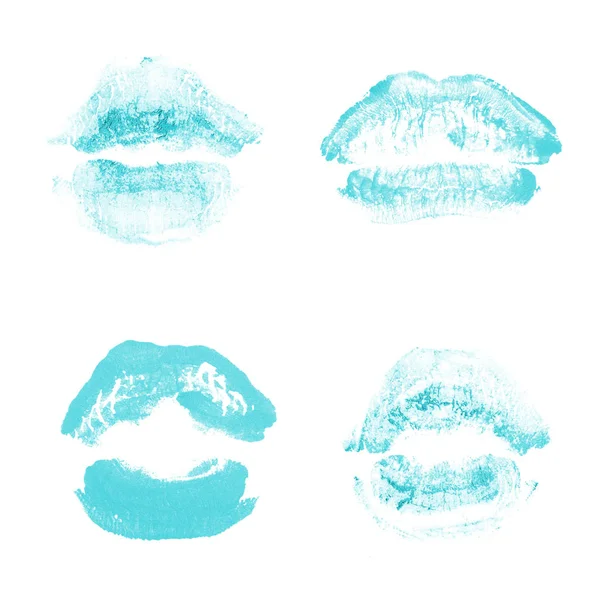 Labios femeninos beso lápiz labial conjunto de impresión para el día de San Valentín aislado en blanco. Color azul claro — Foto de Stock