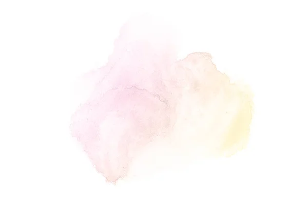 白に隔離されたアクアレル塗料の液体スプラッタを持つ抽象的な水彩の背景画像。ピンクとイエローのトーン — ストック写真