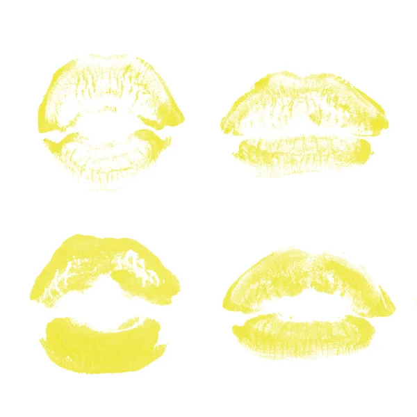 Weibliche Lippen Lippenstift-Kuss-Print-Set für den Valentinstag isoliert auf weiß. gelbe Farbe — Stockfoto