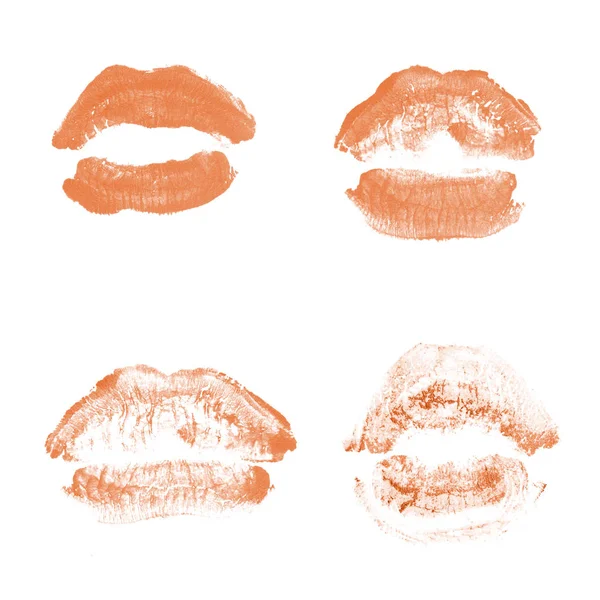 Kadın dudakları ruj öpücük baskı sevgililer günü için beyaz izole ayarlayın. Turuncu renk — Stok fotoğraf