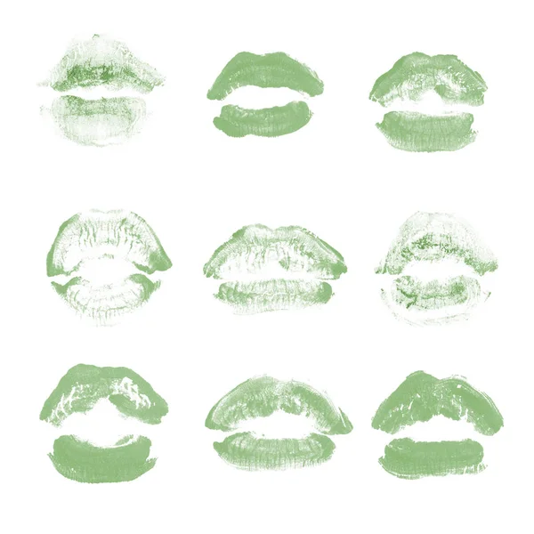 Labios femeninos beso lápiz labial conjunto de impresión para el día de San Valentín aislado en blanco. Color verde oscuro —  Fotos de Stock