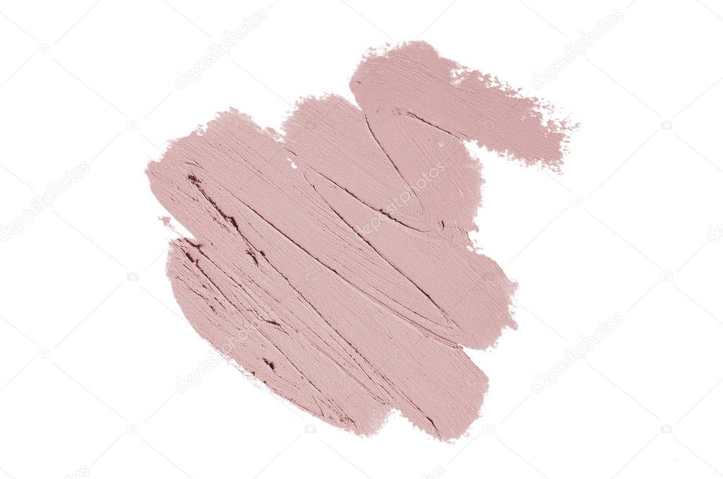 Smear and texture of lipstick or acrylic paint isolated on white background. Stroke of lipgloss or liquid nail polish swatch smudge sample. Element for beauty cosmetic design. Dark red color