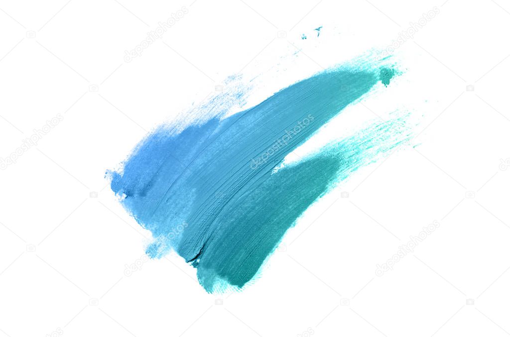 Smear and texture of lipstick or acrylic paint isolated on white background. Turquoise blue color