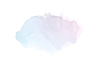 Beyaz üzerine izole edilmiş, sıvı bir kova boyası ile soyut suluboya arka plan görüntüsü. Pembe ve mavi pastel tonları