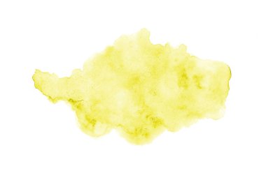 Beyaz üzerine izole edilmiş, sıvı bir kova boyası ile soyut suluboya arka plan görüntüsü. Sarı tonları