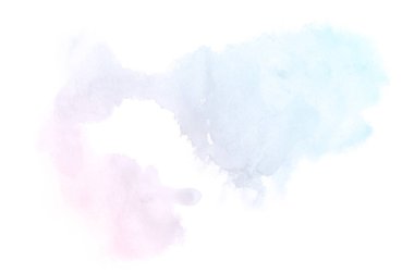 Beyaz üzerine izole edilmiş, sıvı bir kova boyası ile soyut suluboya arka plan görüntüsü. Pembe ve mavi pastel tonları