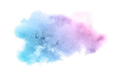 Beyaz üzerine izole edilmiş, sıvı bir kova boyası ile soyut suluboya arka plan görüntüsü. Pembe ve mavi pastel tonları