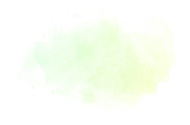 Beyaz üzerine izole edilmiş, sıvı bir kova boyası ile soyut suluboya arka plan görüntüsü. Yeşil ve sarı pastel tonları
