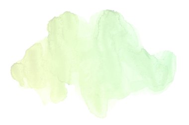 Beyaz üzerine izole edilmiş, sıvı bir kova boyası ile soyut suluboya arka plan görüntüsü. Yeşil ve sarı pastel tonları