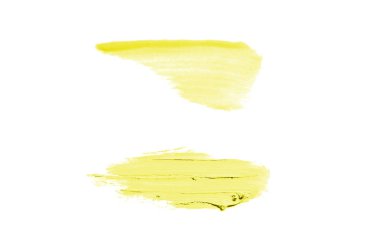 Smear ve ruj veya akrilik boya beyaz arka plan üzerinde izole doku. Lipgloss veya sıvı oje leke örneği inme. Güzellik kozmetik tasarım için eleman. Sarı renk