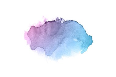 Beyaz üzerine izole edilmiş, sıvı bir kova boyası ile soyut suluboya arka plan görüntüsü. Pembe ve mavi pastel tonları