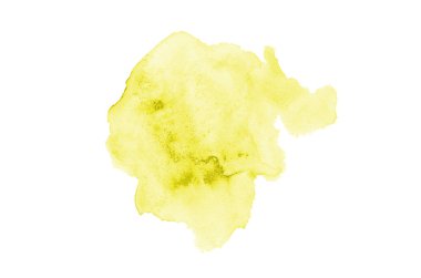 Beyaz üzerine izole edilmiş, sıvı bir kova boyası ile soyut suluboya arka plan görüntüsü. Sarı tonları