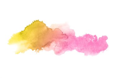 Beyaz üzerine izole edilmiş, sıvı bir kova boyası ile soyut suluboya arka plan görüntüsü. Pembe ve sarı tonları