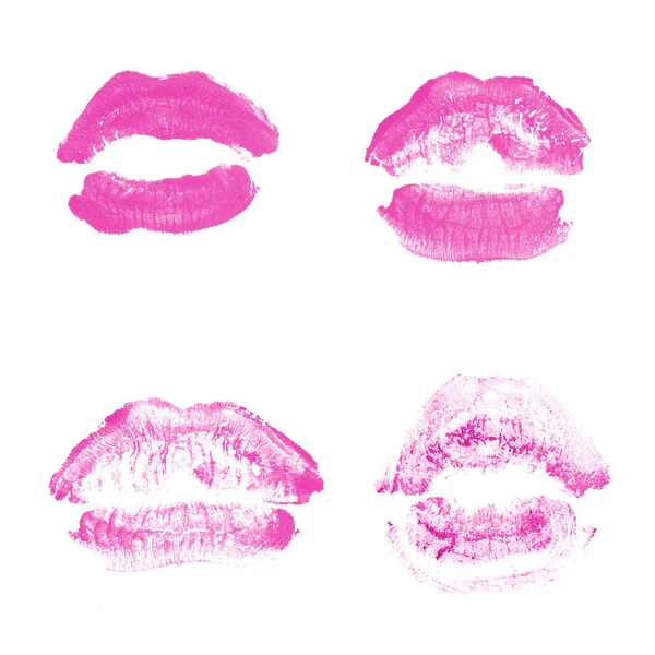 Labios femeninos beso lápiz labial conjunto de impresión para el día de San Valentín aislado en blanco. Color rosa —  Fotos de Stock