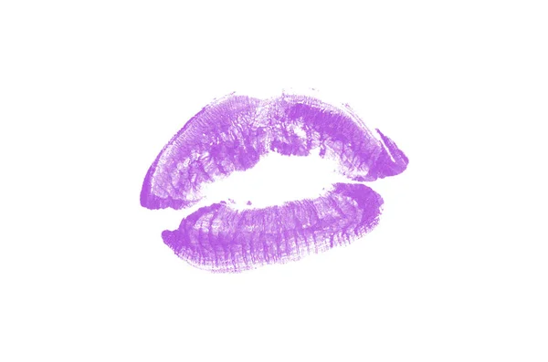 Marca de beso de lápiz labial sobre fondo blanco. Hermosos labios aislados. Color púrpura — Foto de Stock