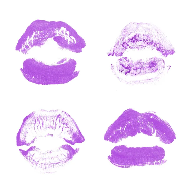 Labios femeninos beso lápiz labial conjunto de impresión para el día de San Valentín aislado en blanco. Color púrpura —  Fotos de Stock