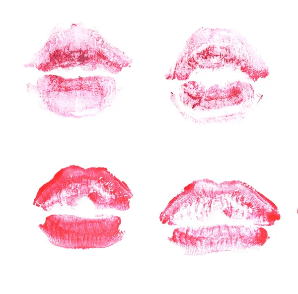 Labios femeninos beso lápiz labial conjunto de impresión para el día de San Valentín aislado en blanco. Color magenta —  Fotos de Stock