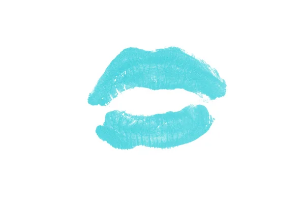 След поцелуя помады на белом фоне. Красивые губы изолированы. Голубой цвет — стоковое фото