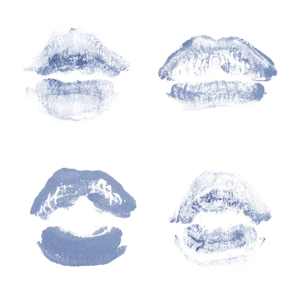 Kadın dudakları ruj öpücük baskı sevgililer günü için beyaz izole ayarlayın. Koyu mavi renk — Stok fotoğraf