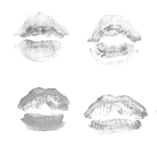 Labios femeninos beso lápiz labial conjunto de impresión para el día de San Valentín aislado en blanco. Color gris —  Fotos de Stock