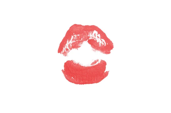Marca de beso de lápiz labial sobre fondo blanco. Hermosos labios aislados. Color rojo —  Fotos de Stock