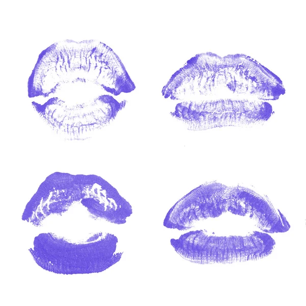 Γυναικεία χείλη κραγιόν φιλί σετ εκτύπωσης για την ημέρα του Αγίου Βαλεντίνου απομονωθεί σε λευκό. Βιολετί χρώμα — Φωτογραφία Αρχείου