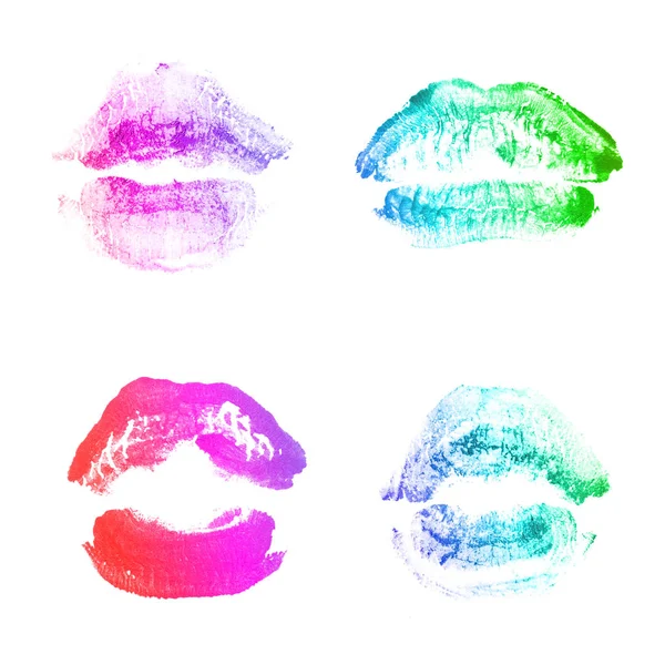 Female lips lipstick kiss print set for valentine day isolated on white. Rainbow color — Stock Photo, Image