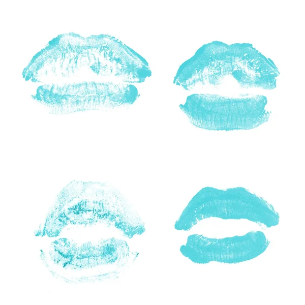 Vrouwelijke lippen lipstick kiss print set voor Valentijn dag geïsoleerd op wit. Licht blauwe kleur — Stockfoto