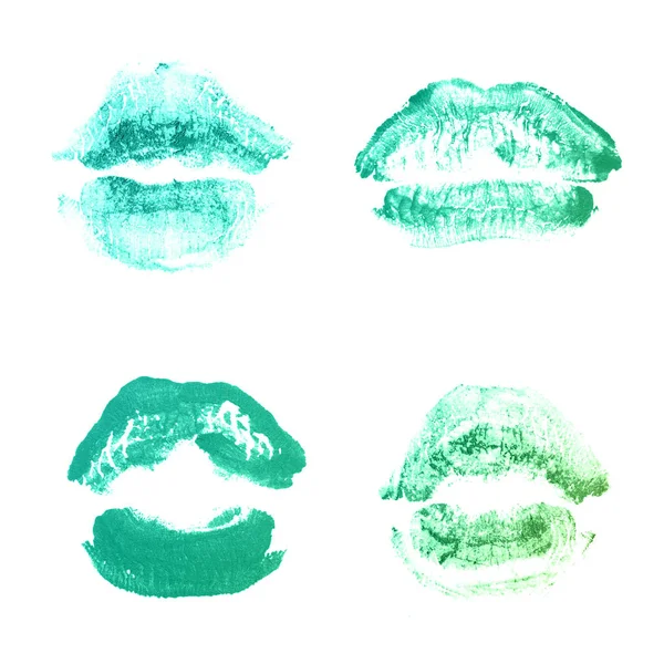 Vrouwelijke lippen lipstick kiss print set voor Valentijn dag geïsoleerd op wit. Emerald kleur — Stockfoto