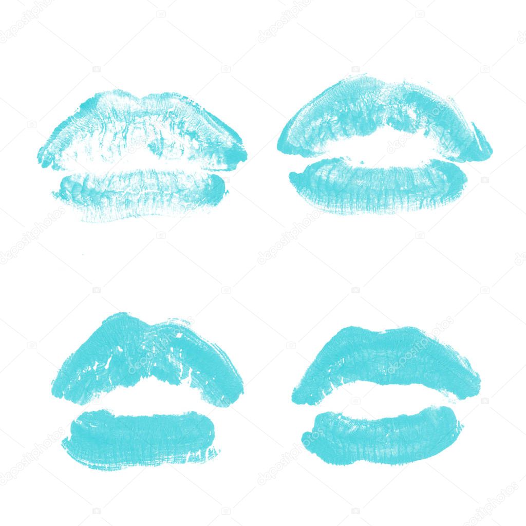 Female lips lipstick kiss print set for valentine day isolated on white. Light blue color