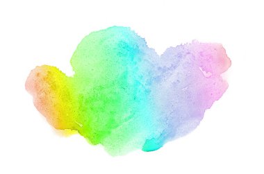 Beyaz üzerine izole edilmiş, sıvı bir kova boyası ile soyut suluboya arka plan görüntüsü. Gökkuşağı tonları