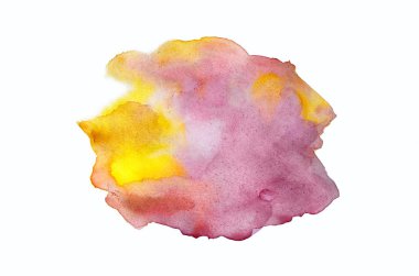 Beyaz üzerine izole edilmiş, sıvı bir kova boyası ile soyut suluboya arka plan görüntüsü. Sıcak tonları