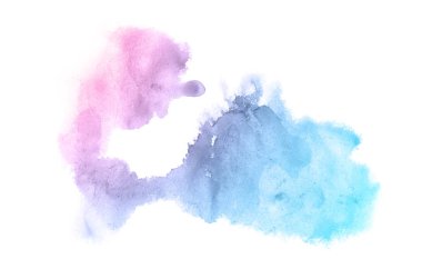 Beyaz üzerine izole edilmiş, sıvı bir kova boyası ile soyut suluboya arka plan görüntüsü. Pembe ve mavi pastel tonları