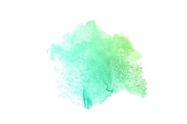 Beyaz üzerine izole edilmiş, sıvı bir kova boyası ile soyut suluboya arka plan görüntüsü. Yeşil ve sarı pastel tonları