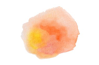 Beyaz üzerine izole edilmiş, sıvı bir kova boyası ile soyut suluboya arka plan görüntüsü. Sıcak tonları