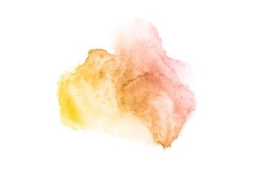 Beyaz üzerine izole edilmiş, sıvı bir kova boyası ile soyut suluboya arka plan görüntüsü. Pembe ve sarı tonları