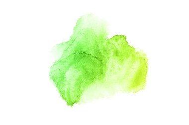 Beyaz üzerine izole edilmiş, sıvı bir kova boyası ile soyut suluboya arka plan görüntüsü. Yeşil ve sarı pastel tonları