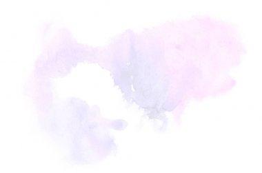 Beyaz üzerine izole edilmiş, sıvı bir kova boyası ile soyut suluboya arka plan görüntüsü. Mor tonları