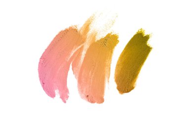 Smear ve ruj veya akrilik boya beyaz arka plan üzerinde izole doku. Lipgloss veya sıvı oje leke örneği inme. Güzellik kozmetik tasarım için eleman. Bronz renk