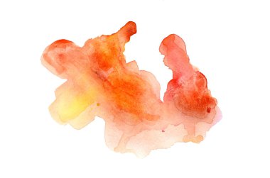 Beyaz üzerine izole edilmiş, sıvı bir kova boyası ile soyut suluboya arka plan görüntüsü. Sıcak tonları