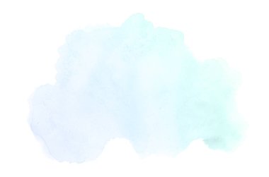 Beyaz üzerine izole edilmiş, sıvı bir kova boyası ile soyut suluboya arka plan görüntüsü. Mavi ve turkuaz pastel tonları