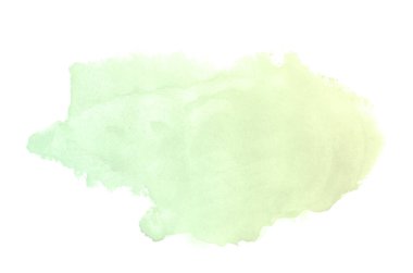 Beyaz üzerine izole edilmiş, sıvı bir kova boyası ile soyut suluboya arka plan görüntüsü. Yeşil ve sarı pastel tonları