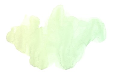 Beyaz üzerine izole edilmiş, sıvı bir kova boyası ile soyut suluboya arka plan görüntüsü. Yeşil ve sarı pastel tonları