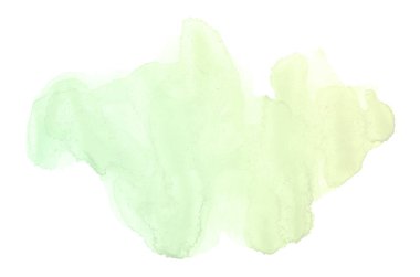 Beyaz üzerine izole edilmiş, sıvı bir kova boyası ile soyut suluboya arka plan görüntüsü. Yeşil ve sarı pastel tonları