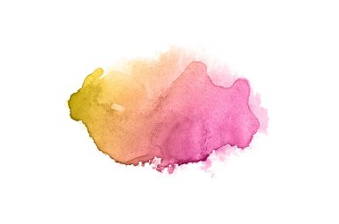 Beyaz üzerine izole edilmiş, sıvı bir kova boyası ile soyut suluboya arka plan görüntüsü. Pembe ve sarı tonları