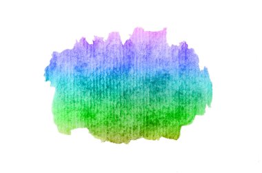 Beyaz üzerine izole edilmiş, sıvı bir kova boyası ile soyut suluboya arka plan görüntüsü. Gökkuşağı tonları